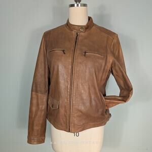 Y2K Banana Republic Leather Jacket L Tan Brown Motocross Biker Zip Baddie Nyc